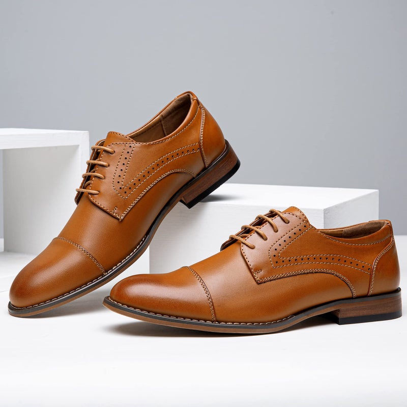 Vostey Men's Dress Shoes Brown Classic Cap Toe Brogue Men Oxfords (BMY636 Yellow Brown Size 7) - Image 4